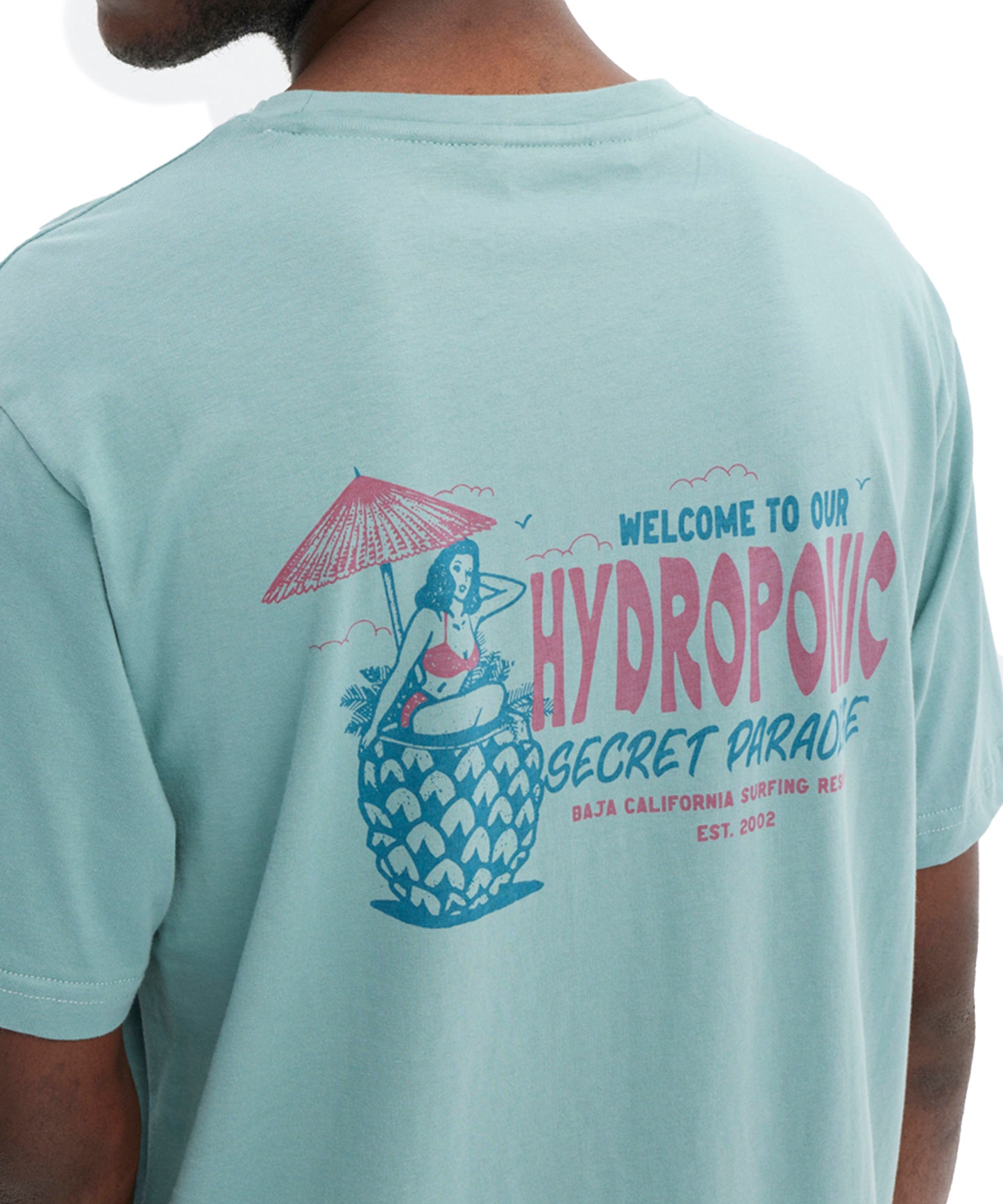 camiseta-manga-corta-hydroponic-secret-color-azul-serigrafía-veraniega-en-pecho-y-espalda