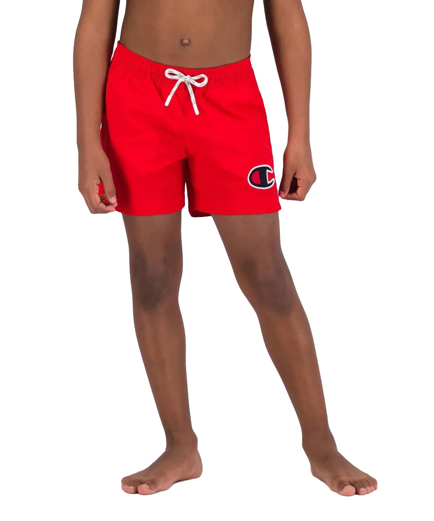 Bañador para niños Champion de color rojo con logo Champion en la pierna.
