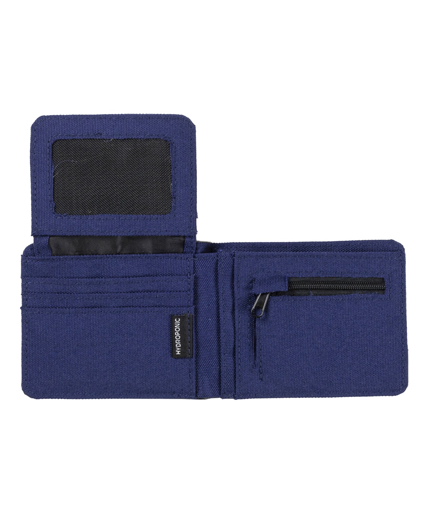hydroponic cartera clasica de dos pliegues de ropa y piel sintética, color azul y negro y logo metálico hydroponic en el frente