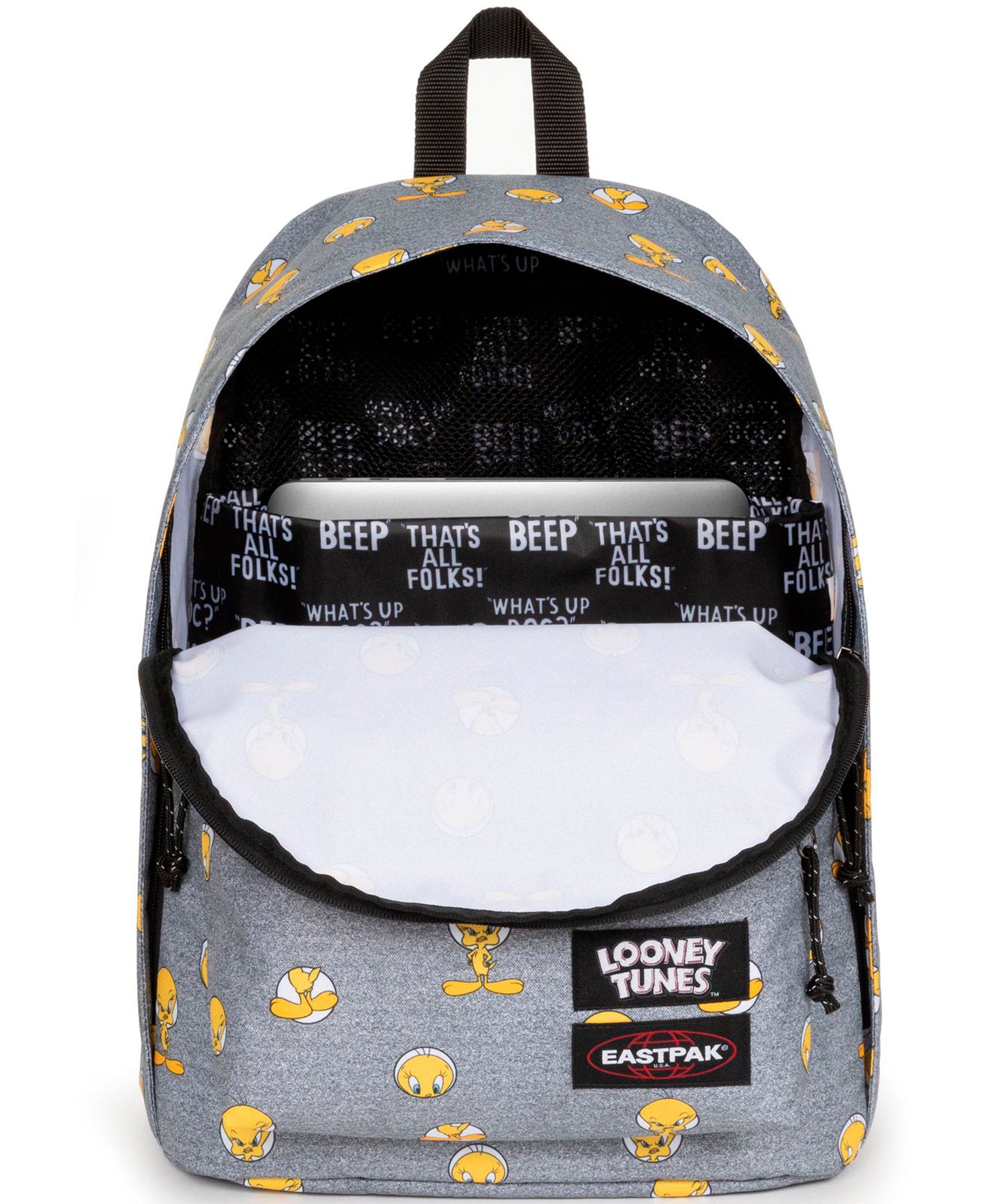 mochila-eastpak-out-of-office-con-estampado-tweety-grey-en-fondo-gris-27-litros-de-volumen-varios bolsillos