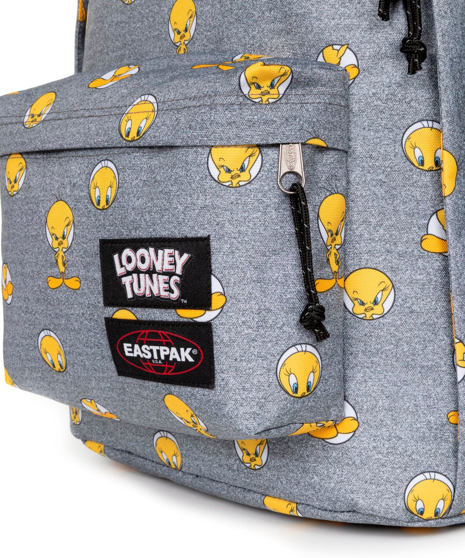 mochila-eastpak-out-of-office-con-estampado-tweety-grey-en-fondo-gris-27-litros-de-volumen-varios bolsillos