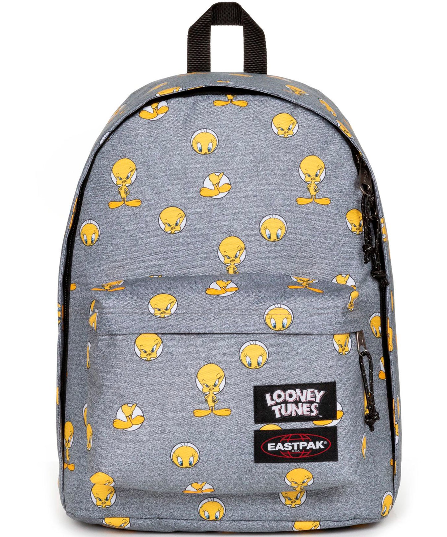 mochila-eastpak-out-of-office-con-estampado-tweety-grey-en-fondo-gris-27-litros-de-volumen-varios bolsillos