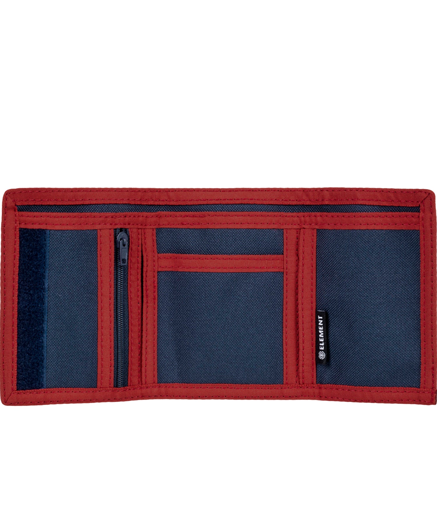 element-cartera tri-fold-army-billetera de tres hojas color-azul-ribete-rojo-loneta de poliéster-logo element en el centro.