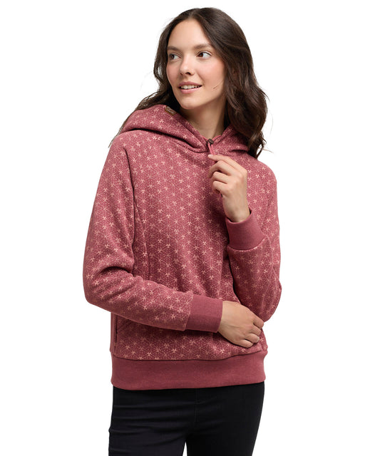 sudadera de mujer, con capucha, material suave, estampado discreto y bolsillos laterales.