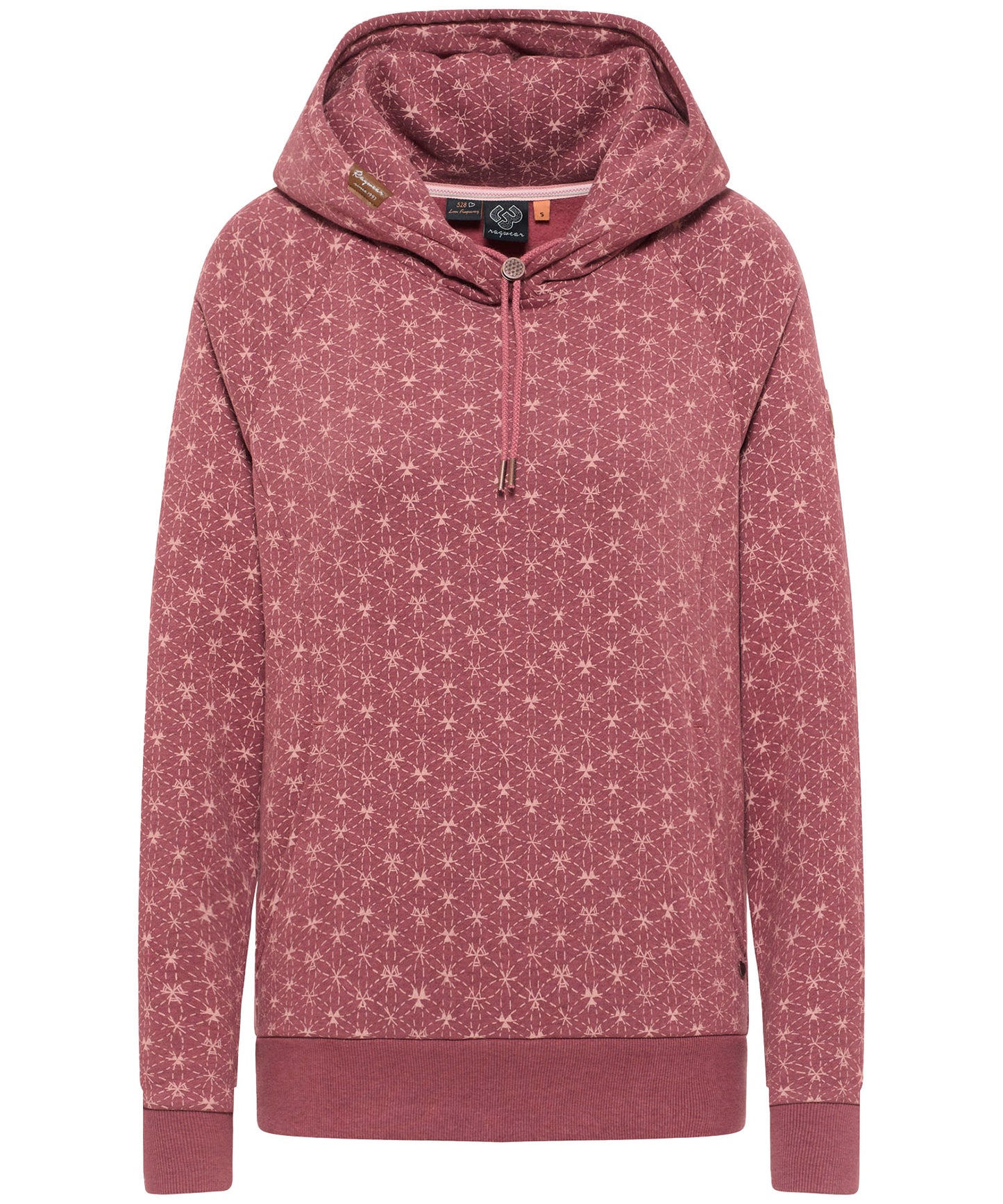 sudadera de mujer, con capucha, material suave, estampado discreto y bolsillos laterales.