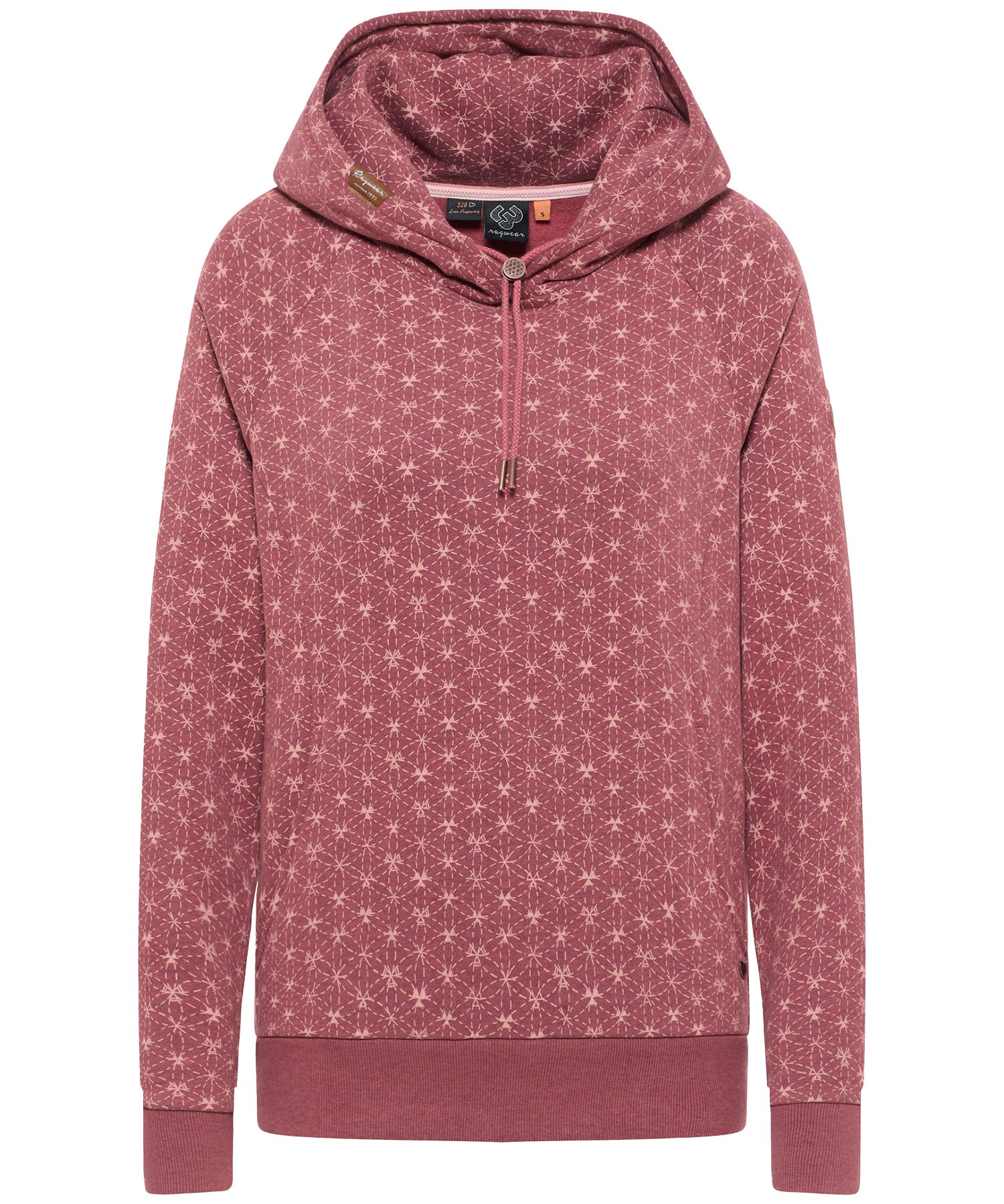 sudadera de mujer, con capucha, material suave, estampado discreto y bolsillos laterales.