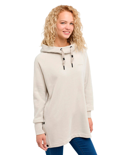 Cálida sudadera con capucha, material supersuave, color hueso, prenda vegana.