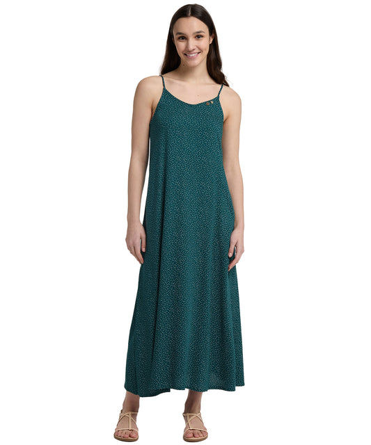 Cómodo-vestido-ragwear-vestido-ludvika-de-color-verde-tirantes finos y un estampado sofisticado-de-verano.