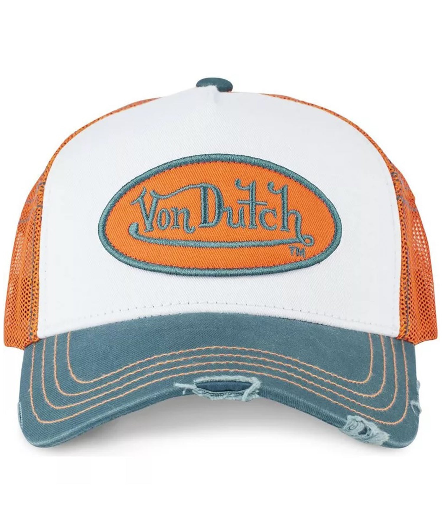 von-dutch-gorra-tipo-trucker-sum-hut-color-naranja-azul-blanco-ajustable-logo-en-la-parte-delantera