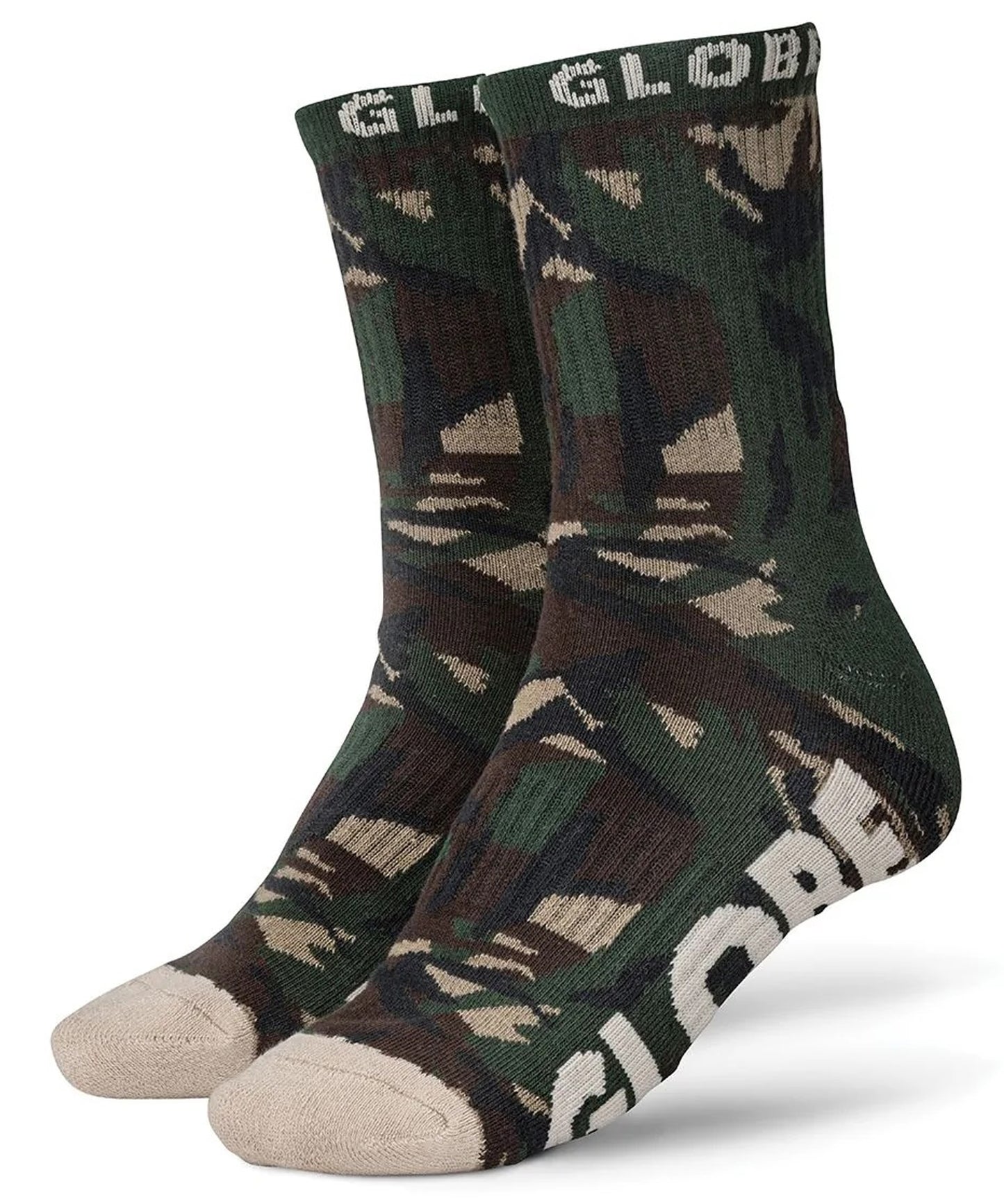 Globe-Mens-Eco-Camo-Crew-Socks-pack-de-tres-calcetines-color camuflaje-75% algodón, 22% nylon, 3% elastano y algodón peinado.
