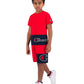 Camiseta para niño/a Champion-logo-kids-roja- con franja azul manga corta y cuello redondo -logo Champion en la parte inferior