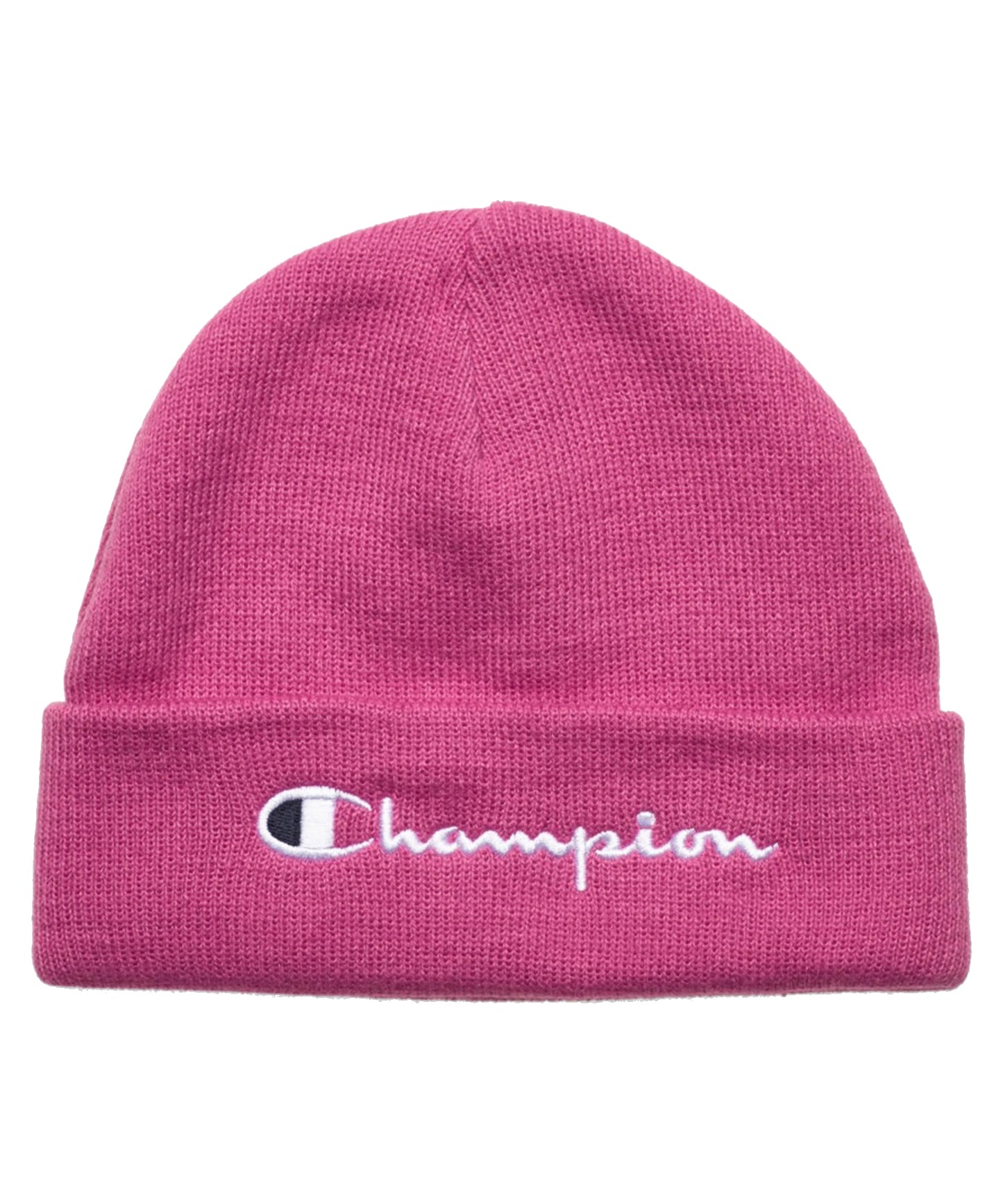 Gorro Champion tipo beanie de color rosa y logo bordado.
