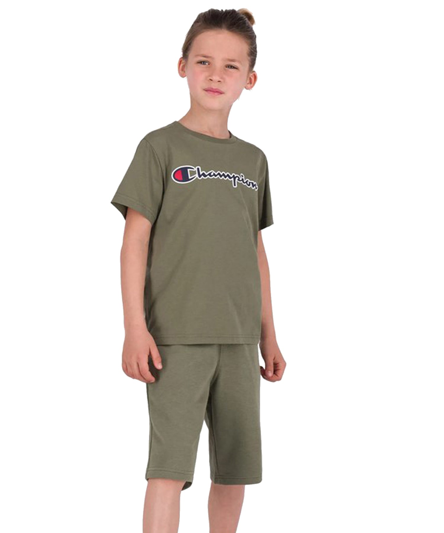 Camiseta para niños / as Champion con un corte clásico-color verde y logo Champion en el pecho y en el brazo.