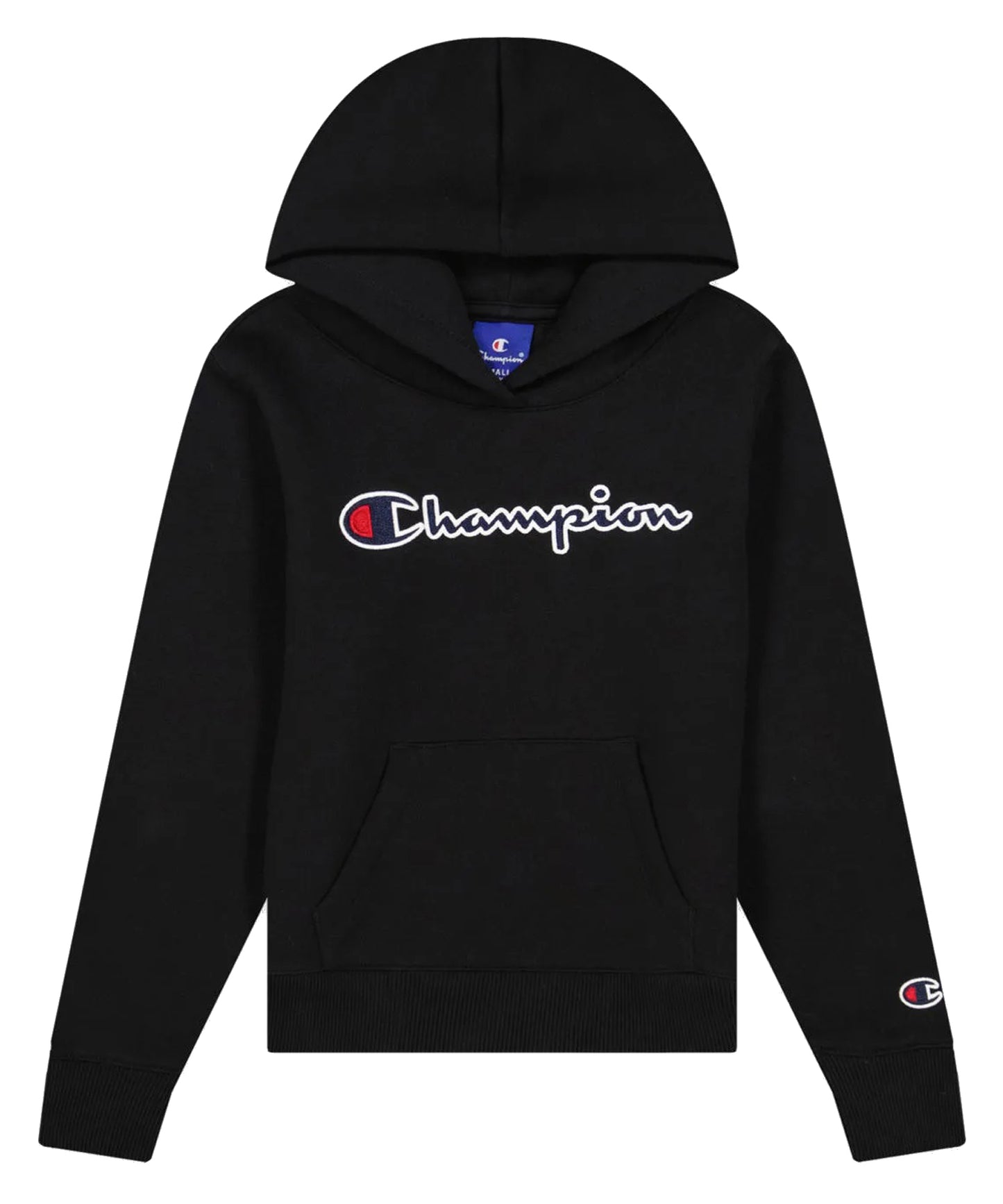 Champion sudadera con capucha de color negro y logo horizontal en el pecho.