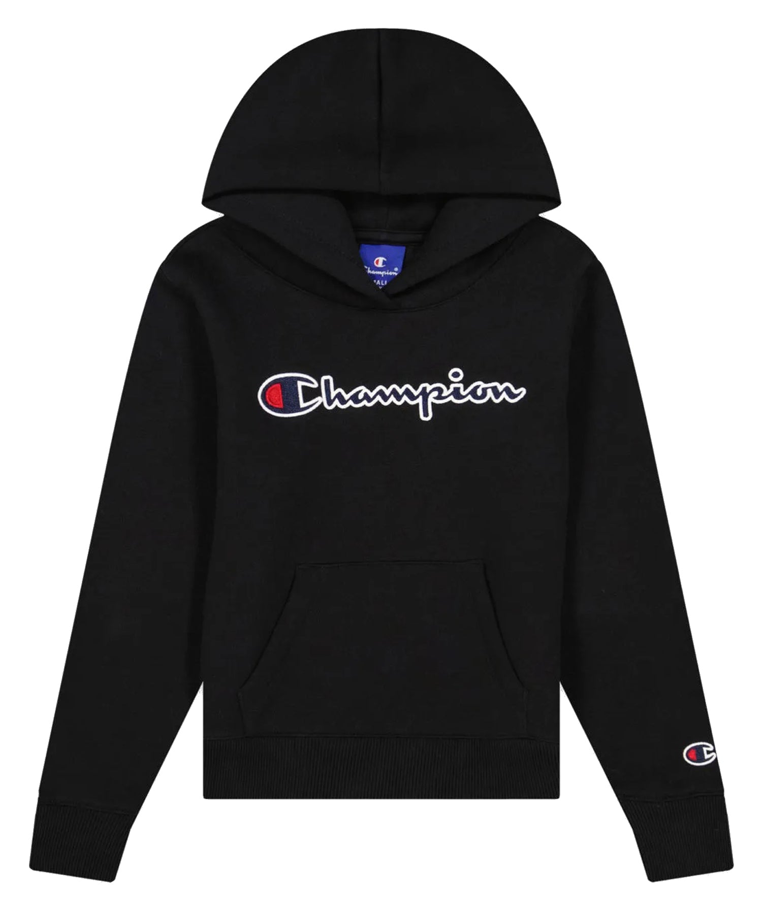 Champion sudadera con capucha de color negro y logo horizontal en el pecho.