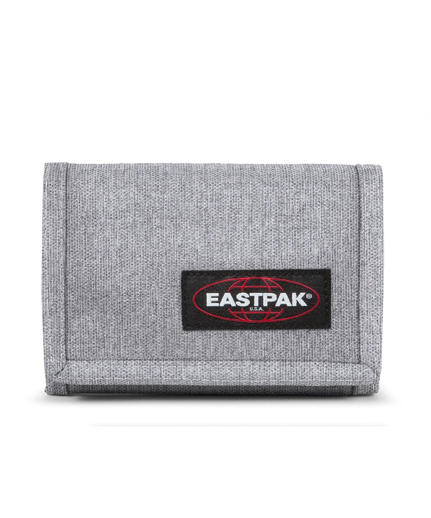 eastpak cartera de loneta color gris con logo eastpak en la parte frontal.