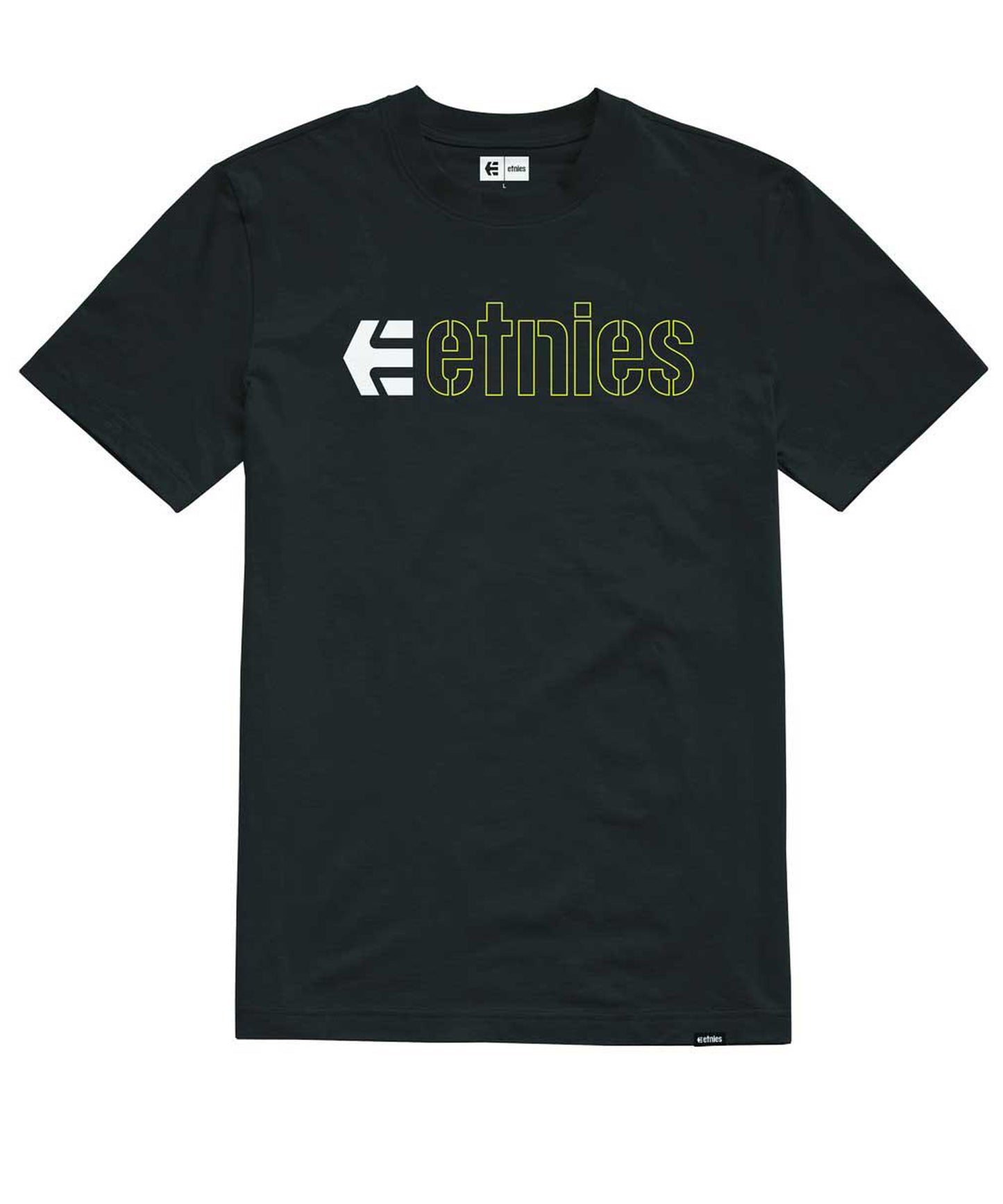 etnies-camiseta-e corp black-color negro-manga corta-algodón reciclado-160 grms-serigrafía etnies en el pecho.
