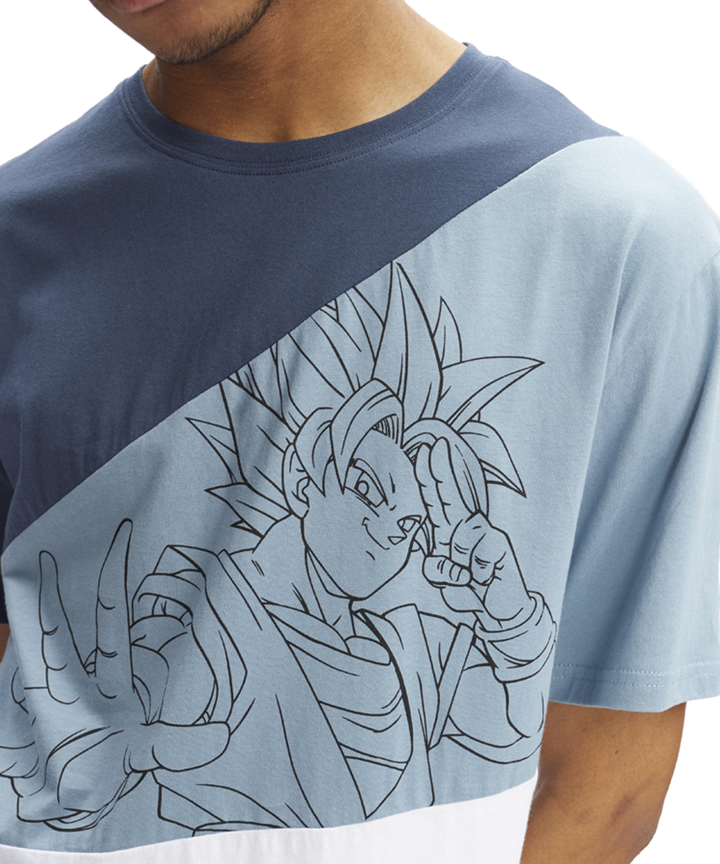 hydroponic-camiseta-dragon-ball-z-line-color-azul-denim-y-blanco-manga-corta-algodón 100%-serigrafía-dragon-ball-en-el-pecho