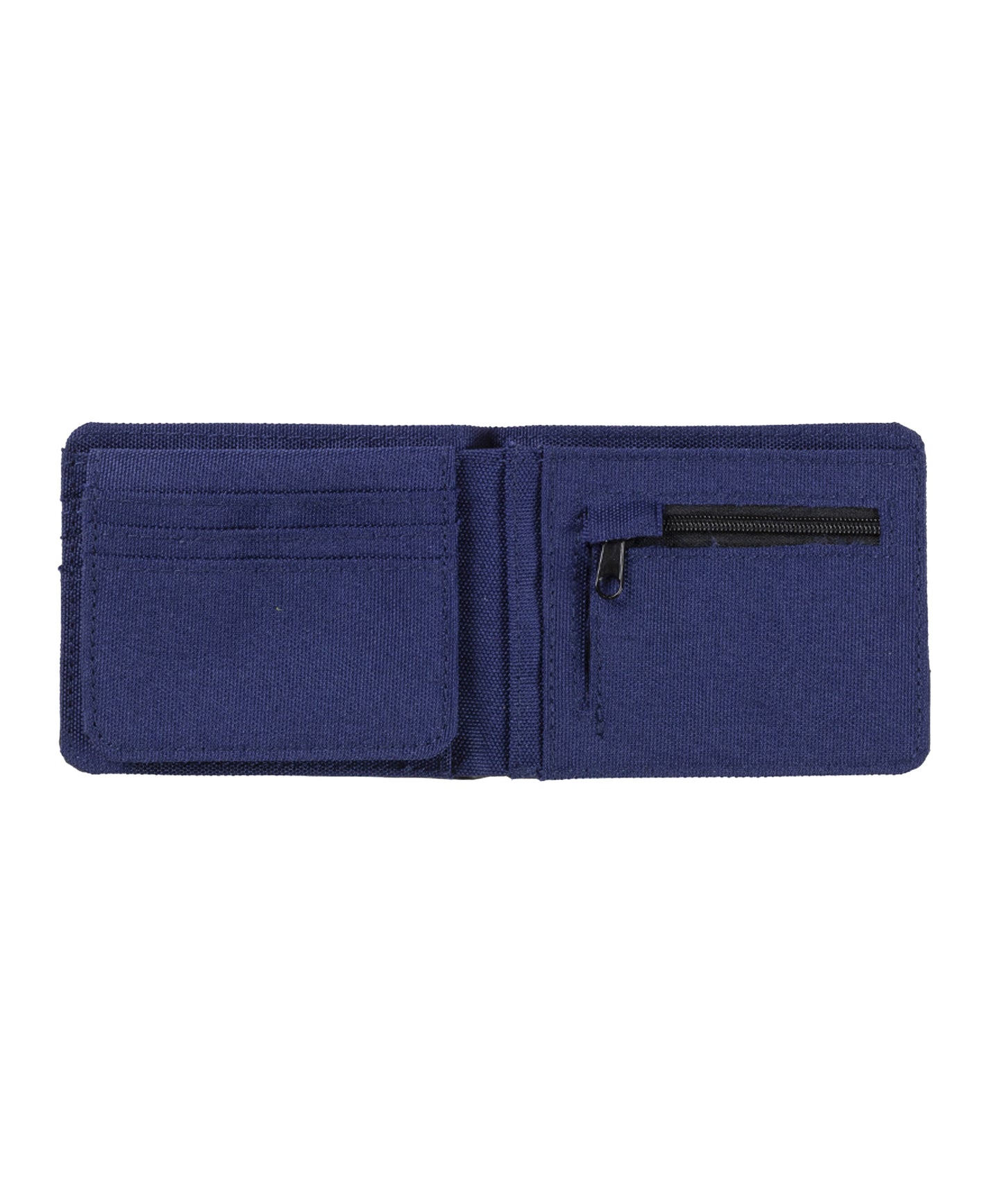 hydroponic cartera clasica de dos pliegues de ropa y piel sintética, color azul y negro y logo metálico hydroponic en el frente