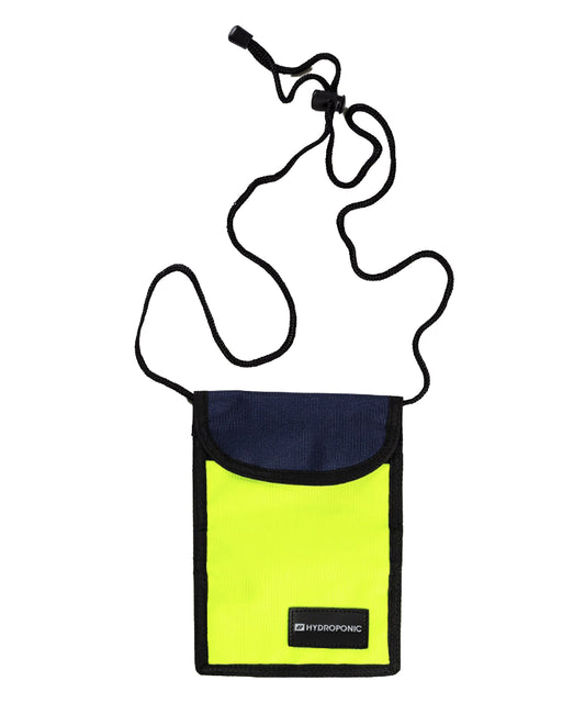 cartera hydroponic de loneta con cinta para colgar de el cuello, color fluor y azul ,cierre con velcro y logo hydroponic