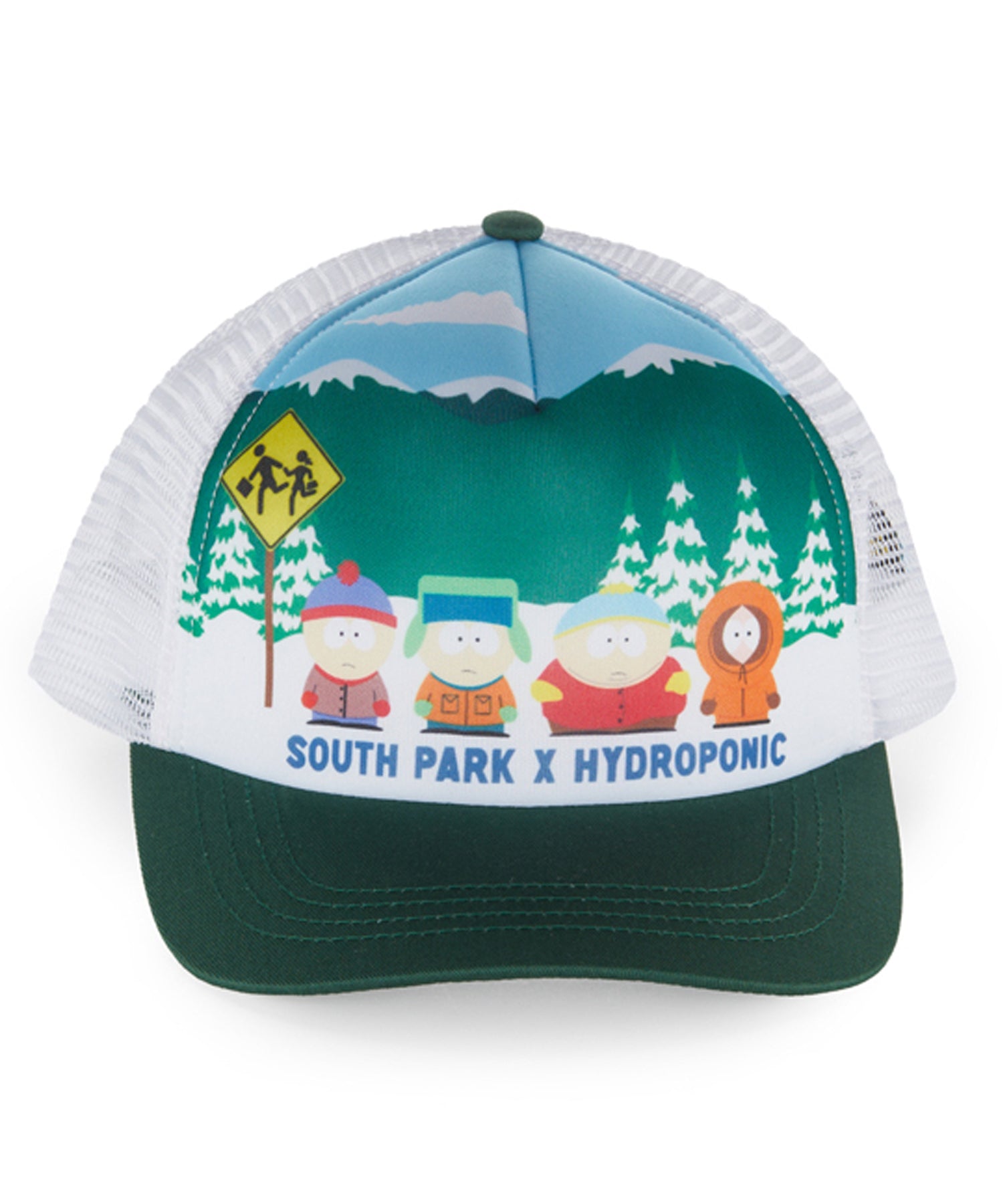 hydroponic-gorra-south-park-bus-stop-green-white-Gorra snapback de 5 paneles-colaboración oficial de South Park X Hydroponic-color blanco-logo south park