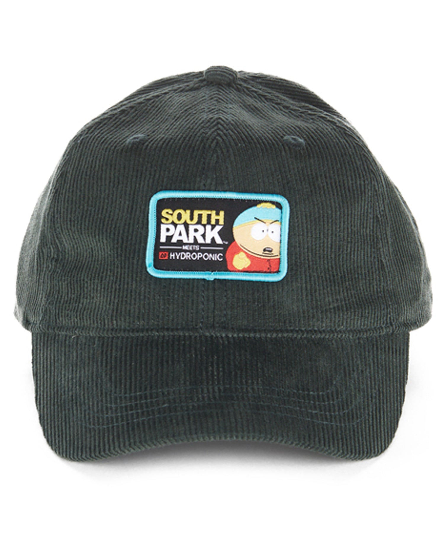 hydroponic-gorra-south-park-cartman-green-grey-corduroy-Gorra de pana de 5 paneles-colaboración oficial de South Park X Hydroponic-color verde-logo south park
