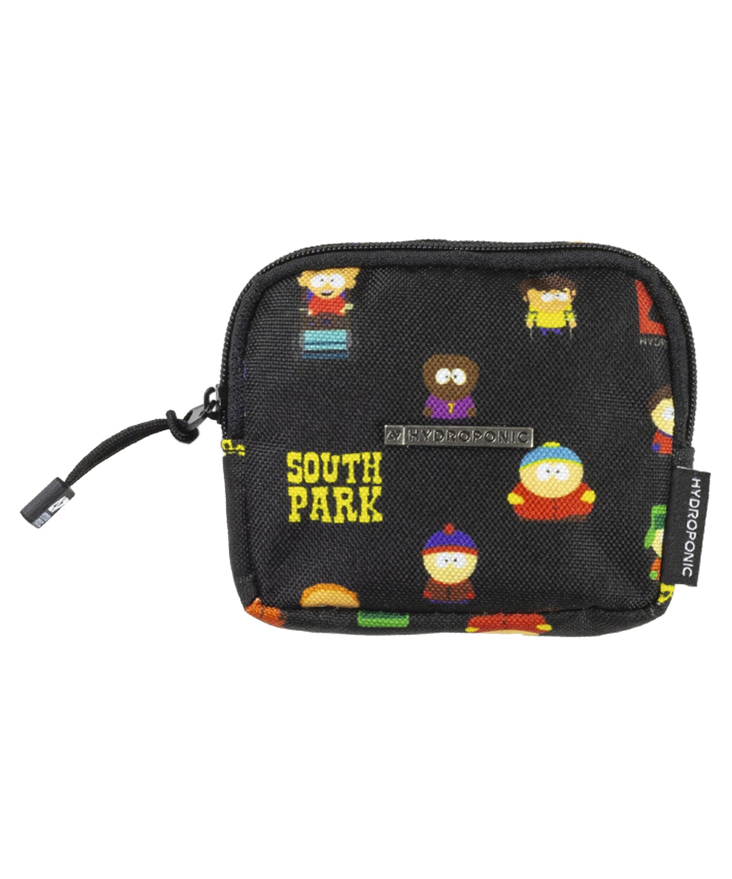 Hydroponic cartera purse colaboración con south park de color negro y dibujos de los personajes de south park.