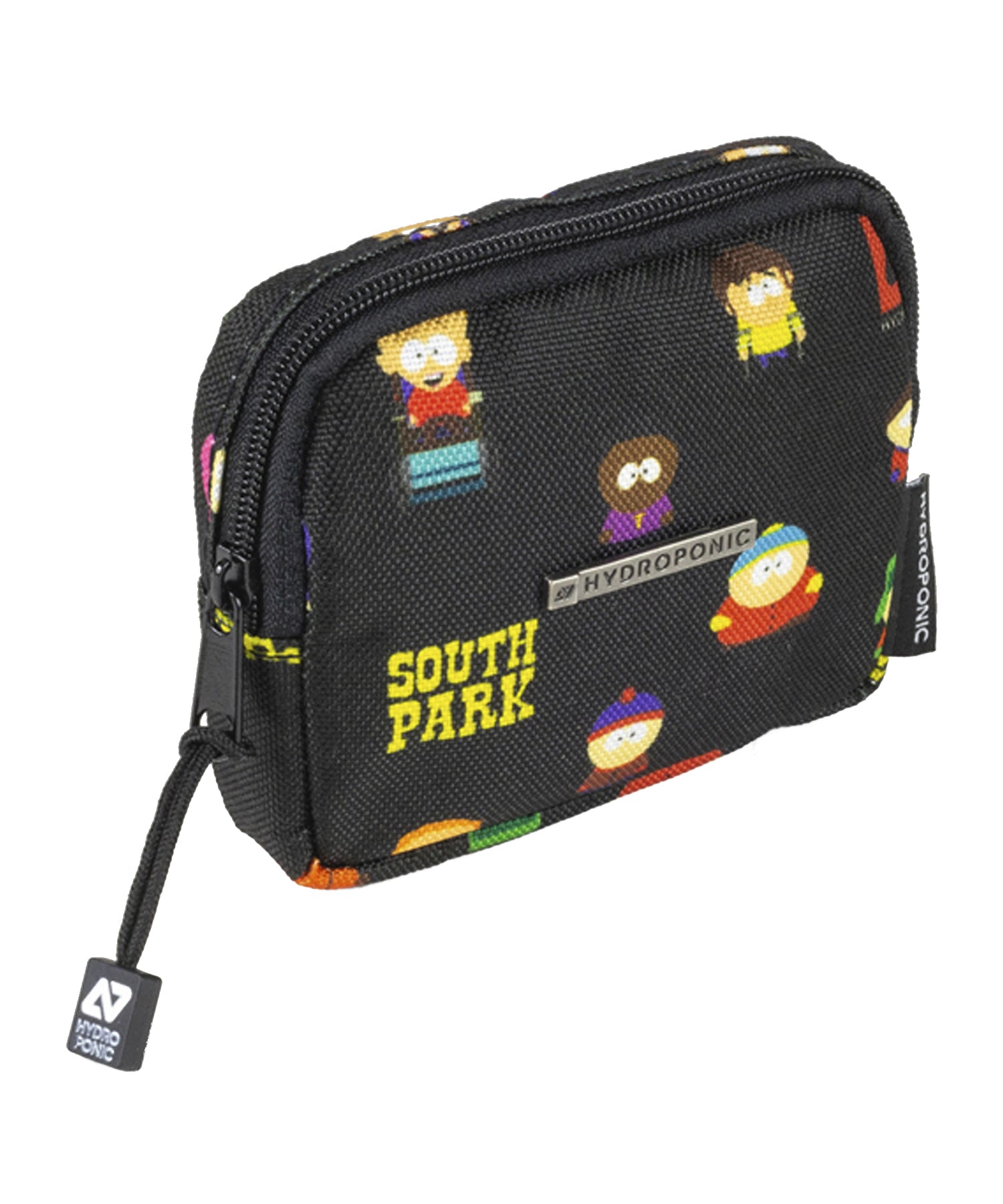 Hydroponic cartera purse colaboración con south park de color negro y dibujos de los personajes de south park.