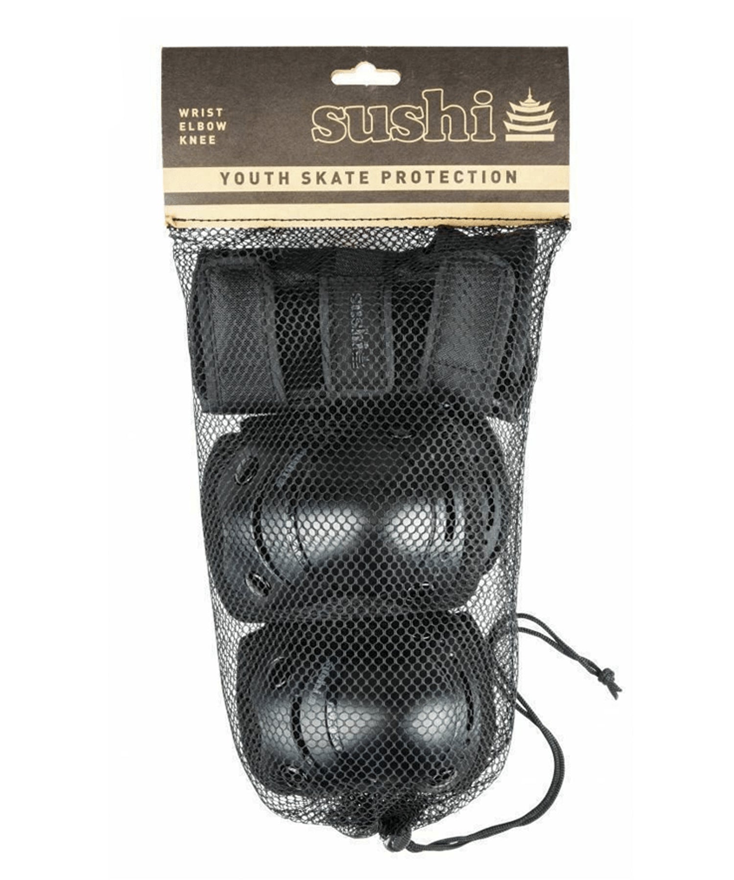 sushi-3-pack-pad set-youth negro-Protecciones para niño de rodillas, codo y muñeca-color negro-Diseño ergonómico y cómodo de llevar.