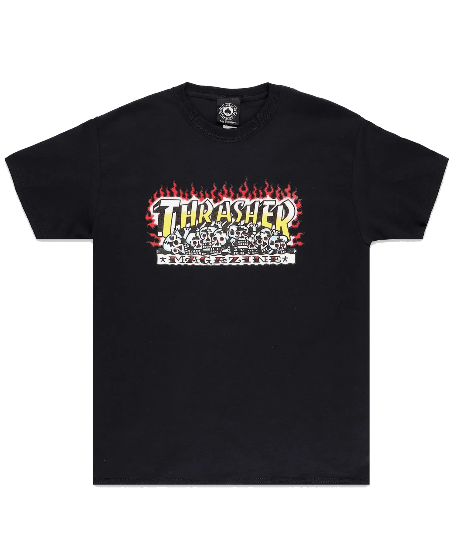 thrasher-camiseta-krak skulls-color negro-cuello redondo-impresión thrasher en el pecho-algodón 100%.