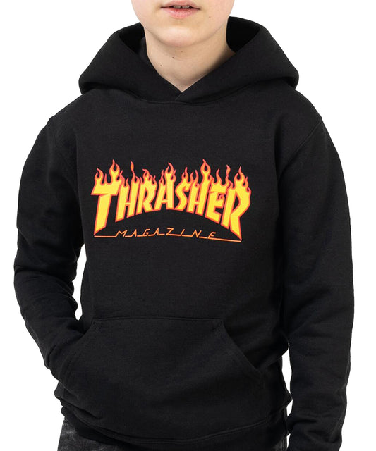 thrasher-hoodies-flame-kids-black-sudadera para niño/a-color negro-clásico logo flame de thrasher-capucha y bolsillo central.