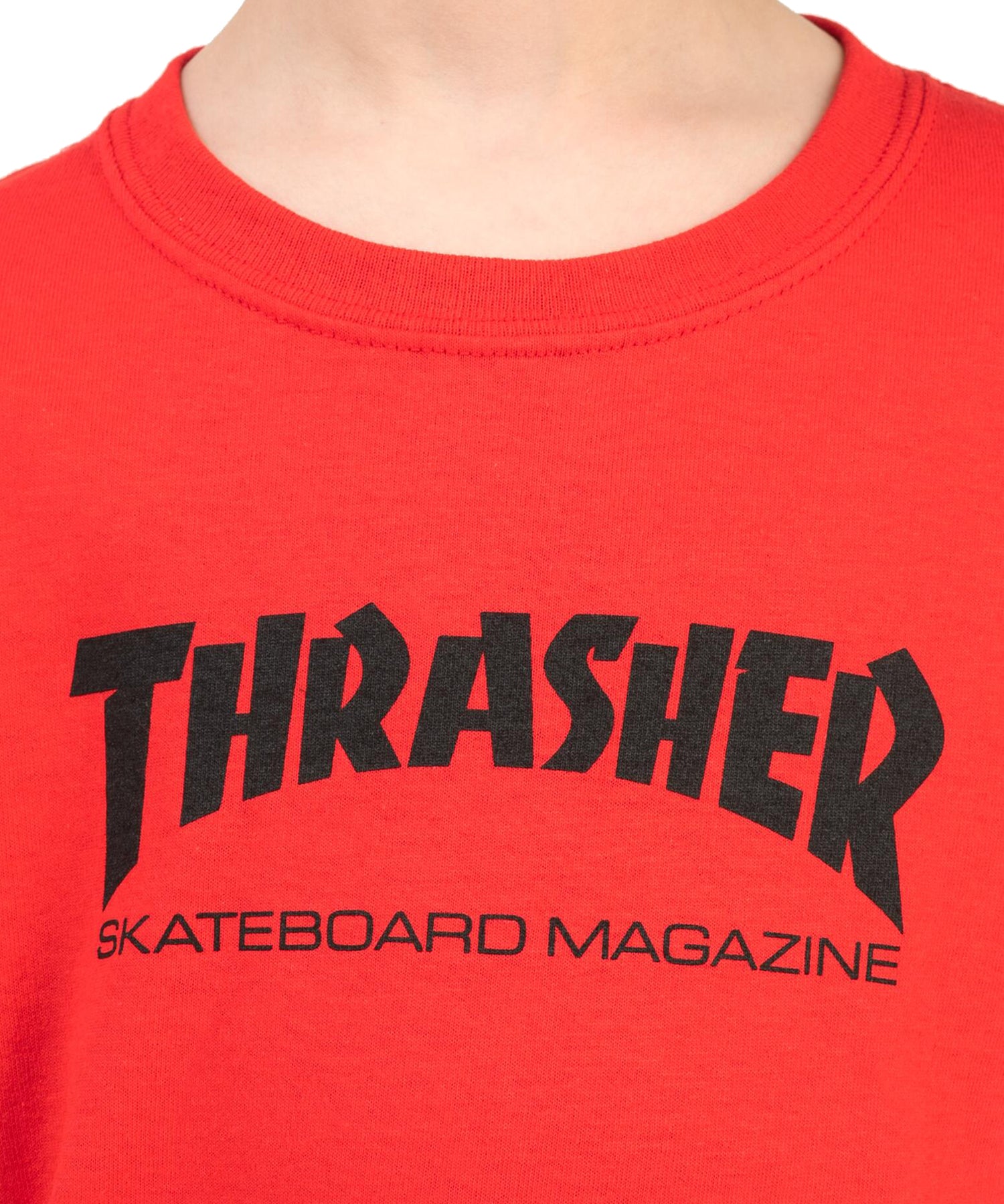 thrasher-t-shirts-skate-mag-kids-red-Skate Mag camiseta roja para jóvenes de Thrasher-100% algodón.-logo thrasher en negro