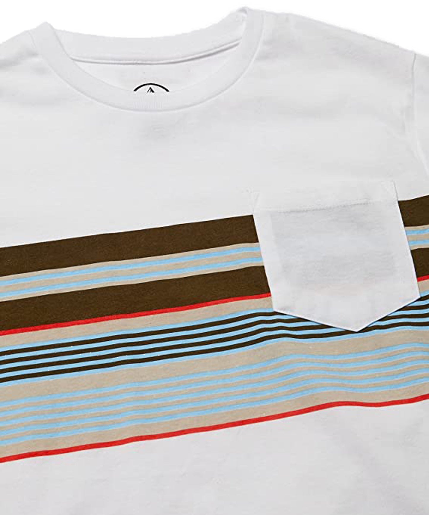 volcom-line stack-camiseta para niño/a-color blanco-cuello redondo-algodón orgánico-serigrafía a rayas de colores en todo el pecho.