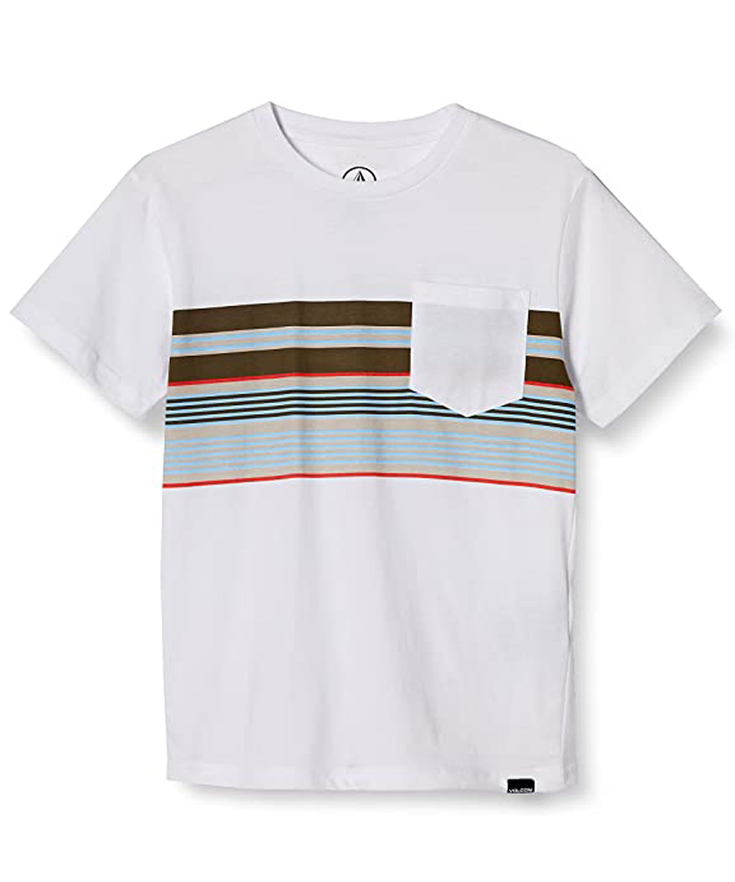volcom-line stack-camiseta para niño/a-color blanco-cuello redondo-algodón orgánico-serigrafía a rayas de colores en todo el pecho.